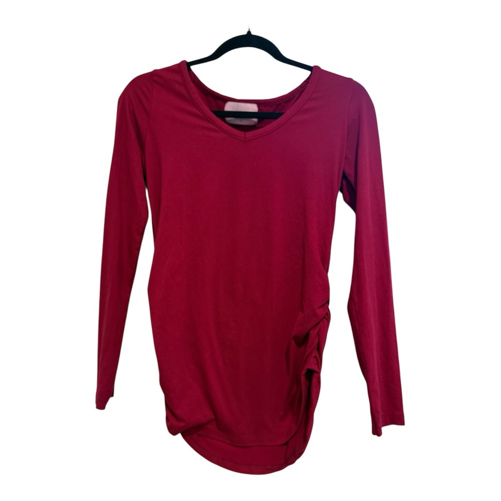 Love Maternity Burgundy Ruched Side V-Neck Long Sleeve Top